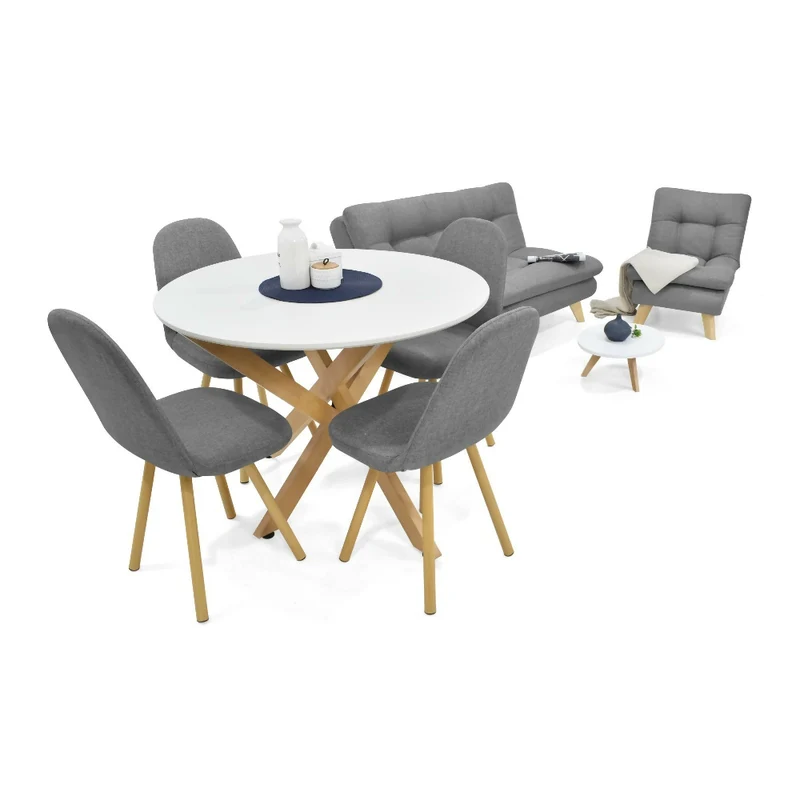 Combo Sofá y Poltrona Toulouse + Mesa de Centro con Comedor Luxor + 4 Sillas Matiz Tela Gris