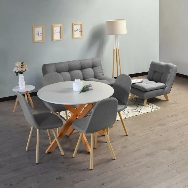Combo Sofá y Poltrona Toulouse + Mesa de Centro con Comedor Luxor + 4 Sillas Matiz Tela Gris