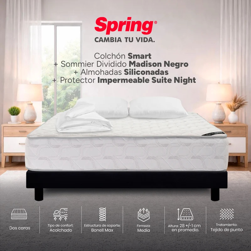 Combo Colchón Spring Smart King 200X200 cm + Base Cama Negra Dividida + Almohadas + Protector