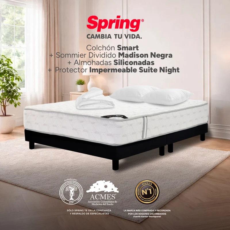 Combo Colchón Spring Smart Queen 160X190 cm + Base Cama Negra Dividida + Almohadas + Protector