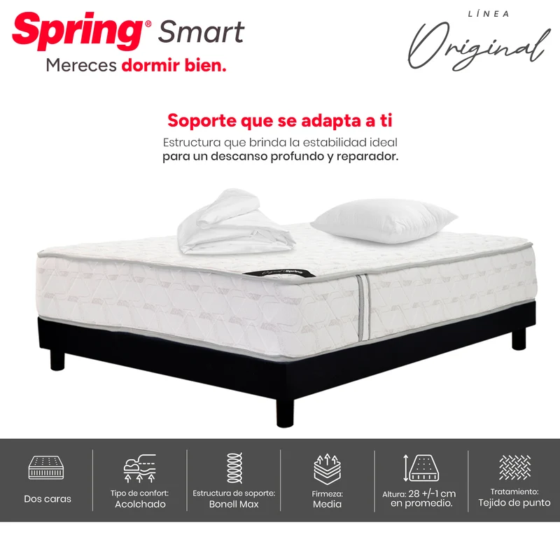 Combo Colchón Spring Smart Doble 140X190 cm + Base Cama Negra + Almohadas + Protector