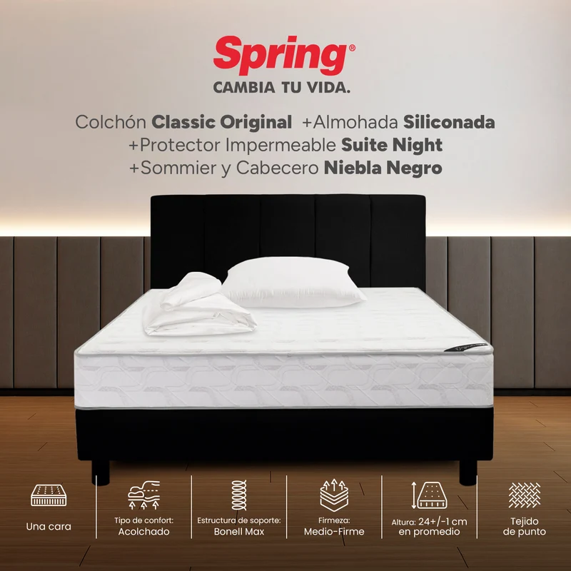 Combo Colchón Spring Classic Original Semidoble 120X190 cm + Base Cama Negra + Cabecero Negro + Almohada Siliconada + Protector Impermeable