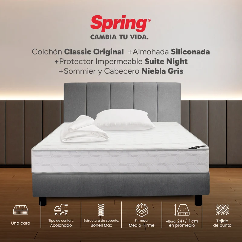Combo Colchón Spring Classic Original Semidoble 120X190 cm + Base Cama Gris + Cabecero Gris + Almohada Siliconada + Protector Impermeable