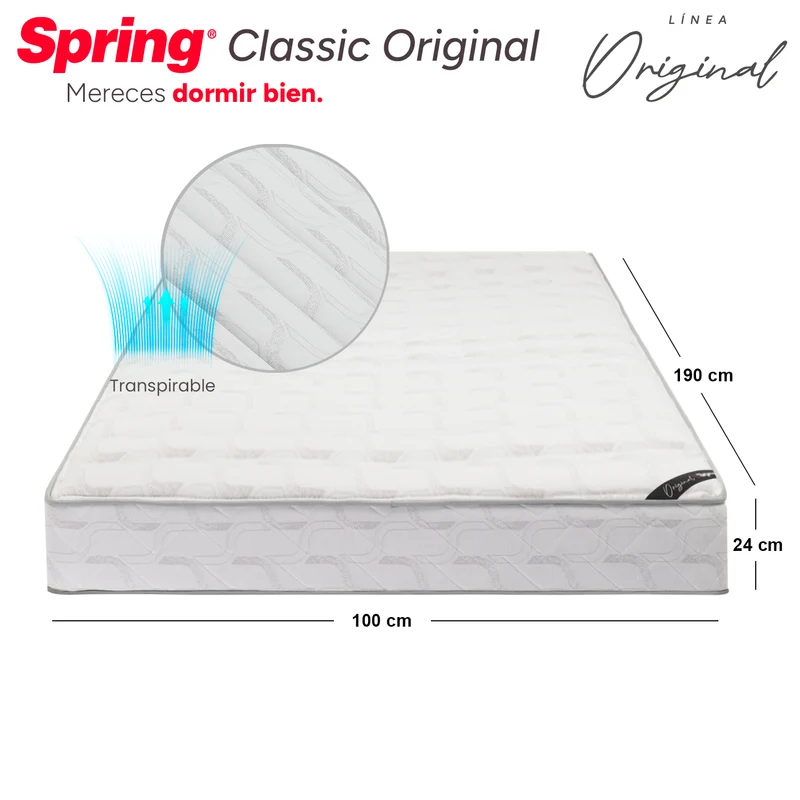 Combo Colchón Spring Classic Original Sencillo 100X190 cm + Base Cama Negra + Cabecero Negro + Almohada Siliconada + Protector Impermeable