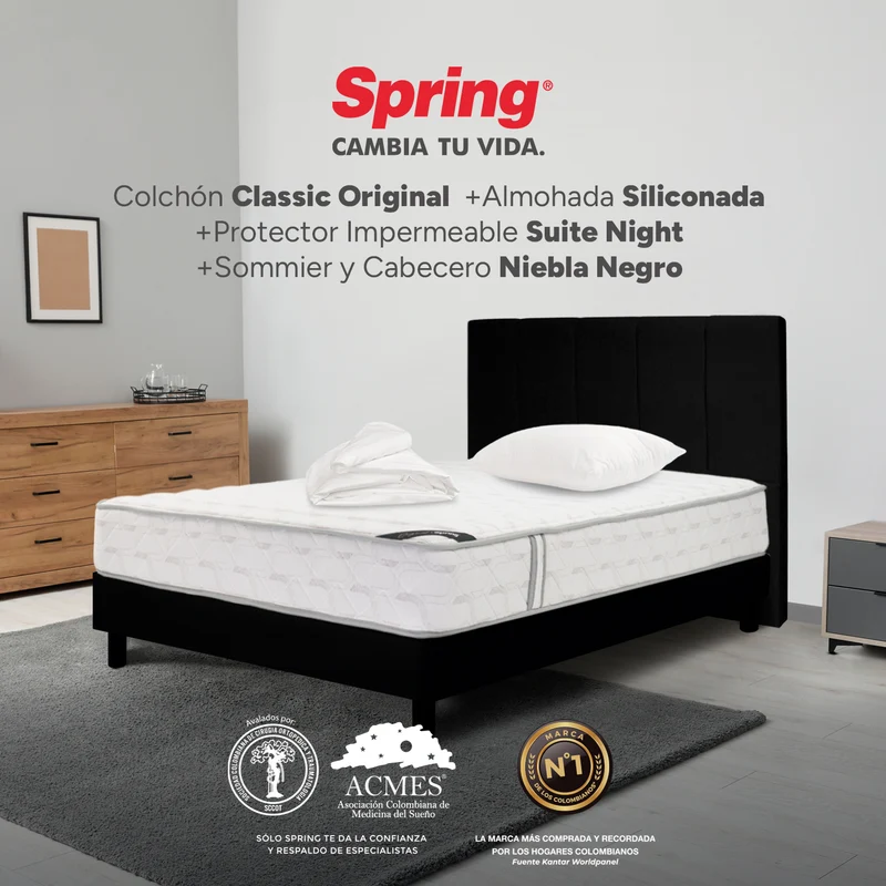 Combo Colchón Spring Classic Original Sencillo 100X190 cm + Base Cama Negra + Cabecero Negro + Almohada Siliconada + Protector Impermeable