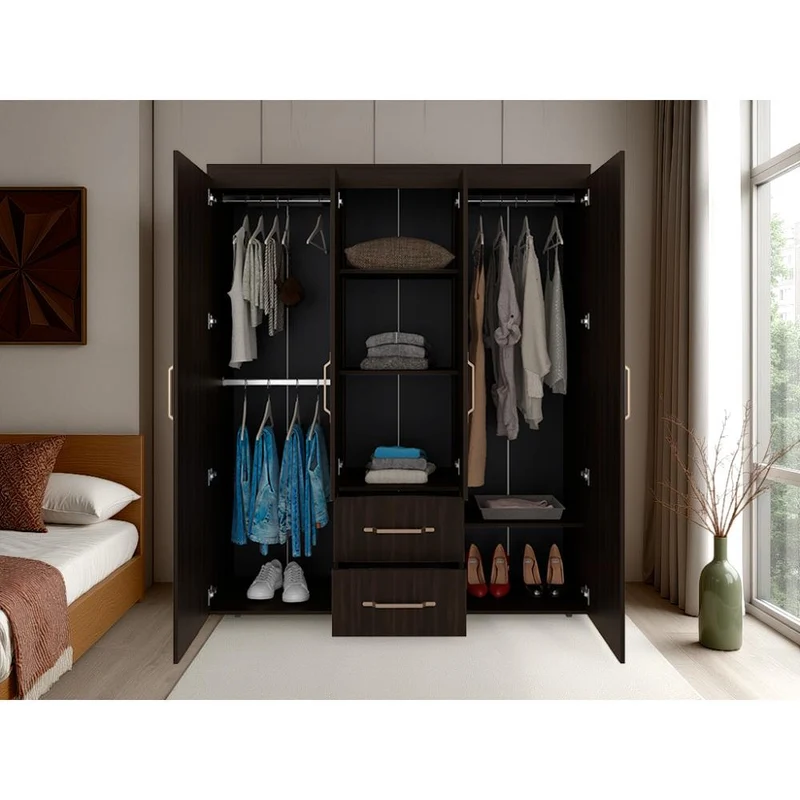 Clóset Bariloche Eco, Kronos Nogal, Moderno con Variedad de Entrepaños, Cuatro Puertas y Dos Cajones ZF