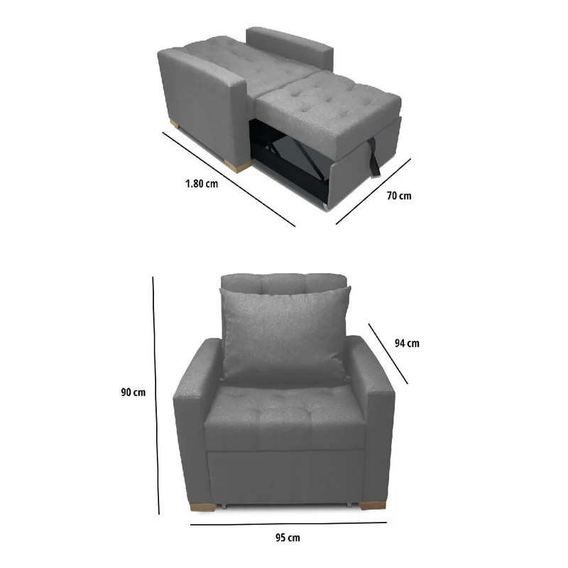 Sofá Cama Unipersonal Sabathy Tela Lino 95X90X94cm Gris