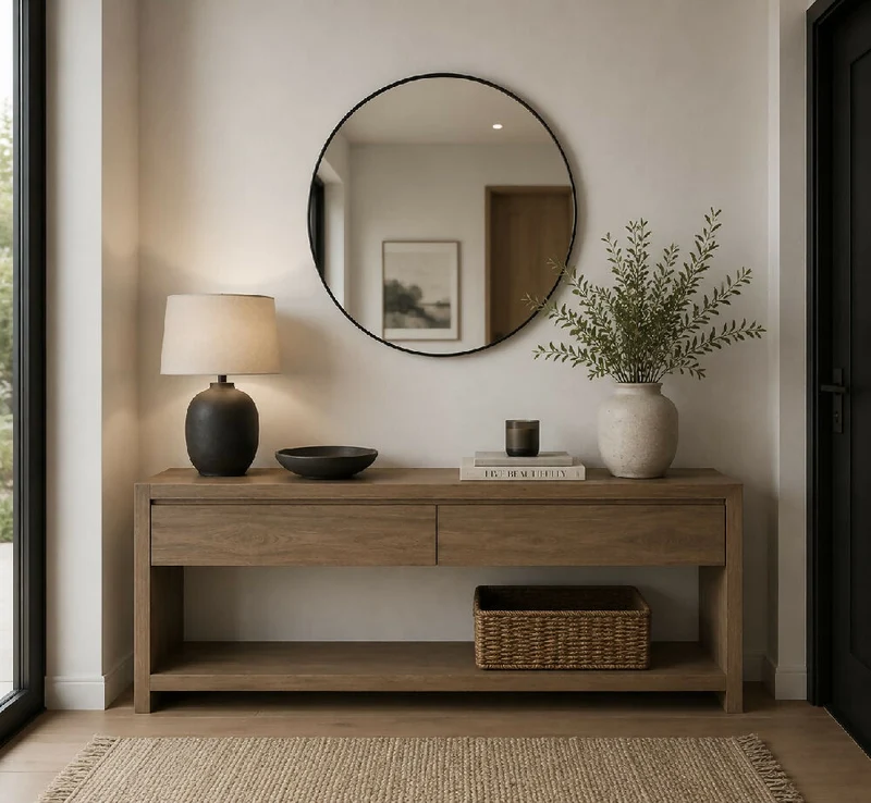 Espejo de Pared Circular Marco Negro MDF 60 cm para Baño o Sala