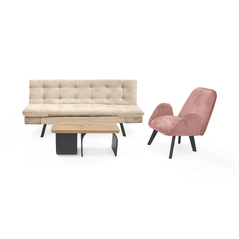 Set de Sala con Sofá Milán Tela Beige con Poltrona Sibu Tela Salmón y Mesa Centro Ark Macula