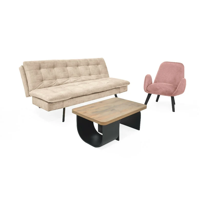 Set de Sala con Sofá Milán Tela Beige con Poltrona Sibu Tela Salmón y Mesa Centro Ark Macula