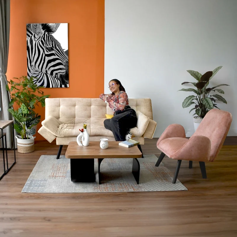 Set de Sala con Sofá Milán Tela Beige con Poltrona Sibu Tela Salmón y Mesa Centro Ark Macula