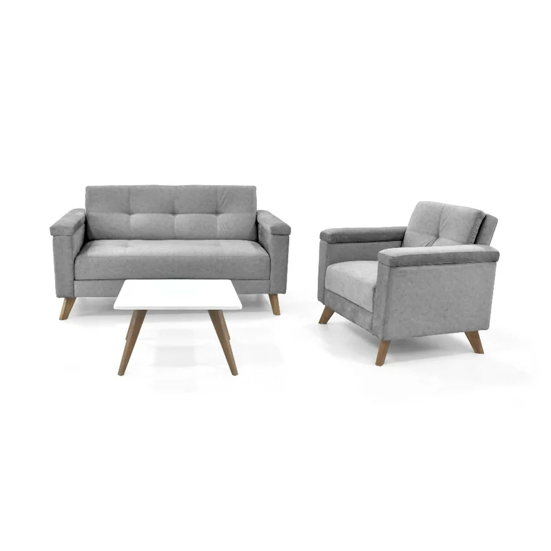 Set de Sala con Sofá y Poltrona Carter Tela Gris y Mesa Centro Nova Blanco