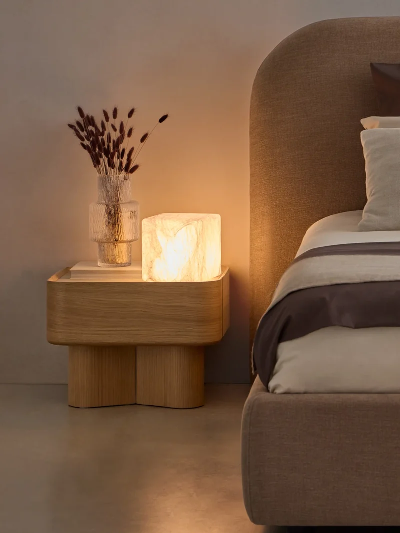 Avril side table in walnut and travertine marble