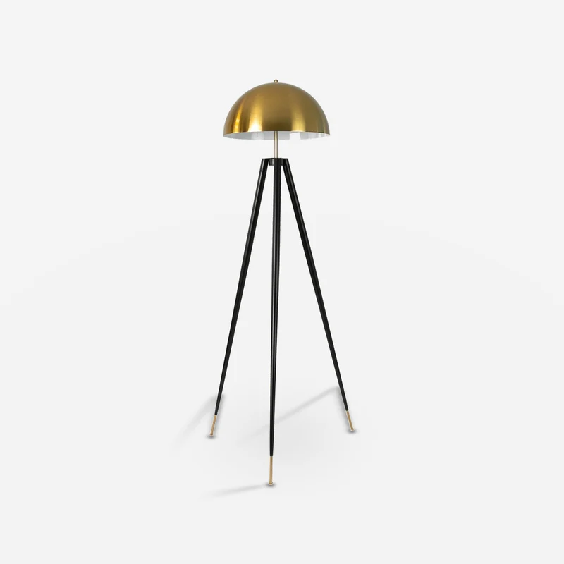 Polished gold steel and black steel floor lamp