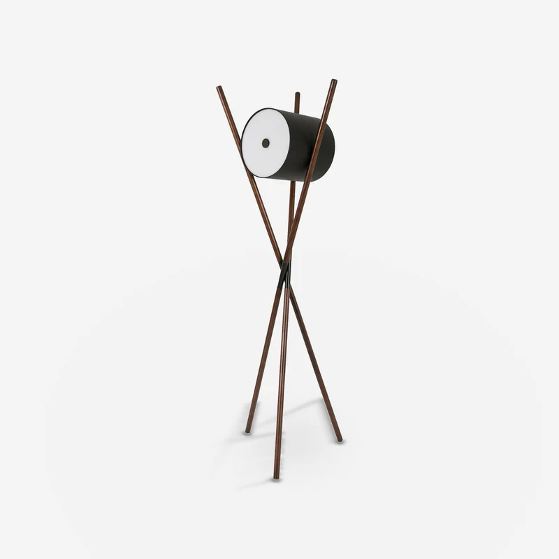 Wooden floor lamp upholstered in black leatherette and dark walnut