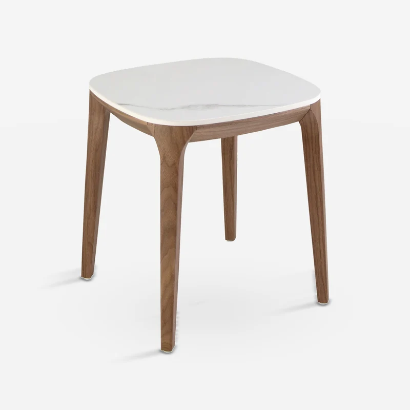 Square corner table in porcelain marble and walnut
