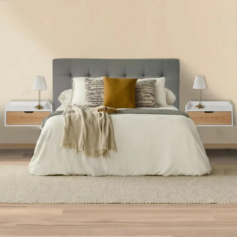 Combo Cabecero Cama Doble (60x140x5) Gris Memphis + Set x 2 Mesas de Noche Toulus Flotantes