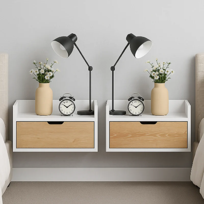 Set x 2 Mesas de Noche Flotantes con Puerta 35x50x30cm Madera