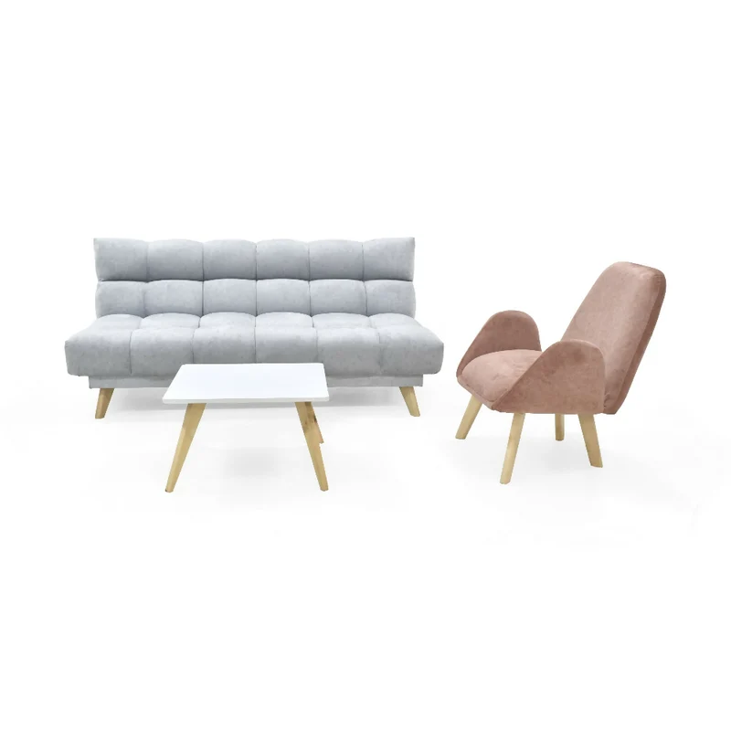 Sala con Sofá Cama Nubo Plata + Poltrona Sibu Salmón y Mesa de Centro Nova