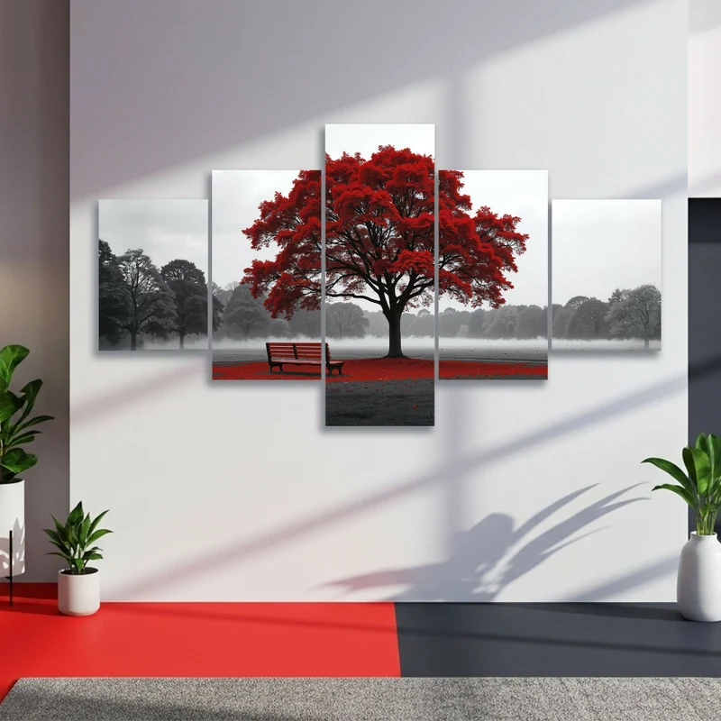 Cuadro Lienzo 5 Piezas el Árbol de la Paz Rojo 134x72cm