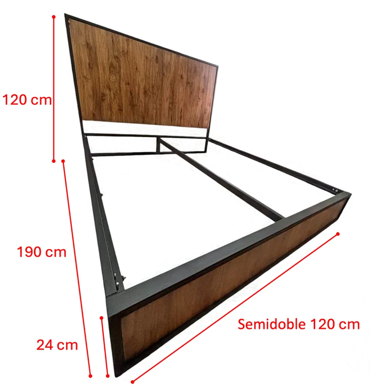 Cama Semidoble Metal Madera Ágata Café Oscuro 120 x 190 x 24