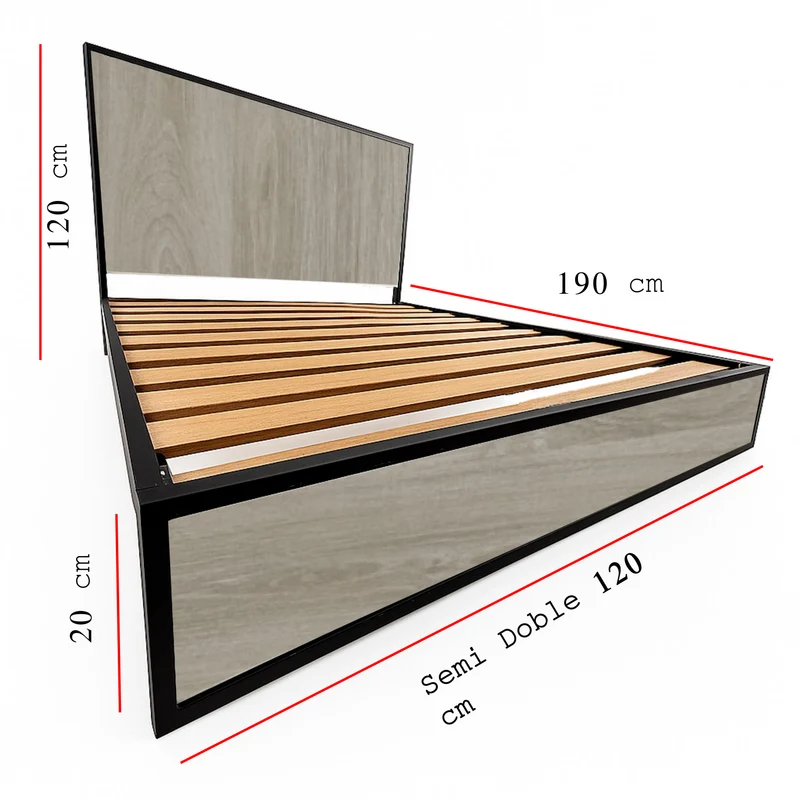 Cama Semidoble Metal Madera Ágata Gris Oscuro 120 x 190 x 24