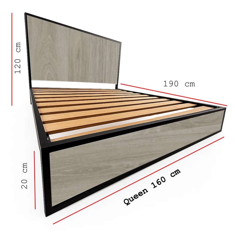 Cama Queen Metal Madera Ágata Gris Oscuro 160 x 190 x 24