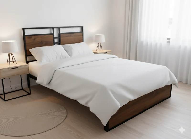 Cama Doble Metal Madera Amatista Café Oscuro 140 x 190 x 24