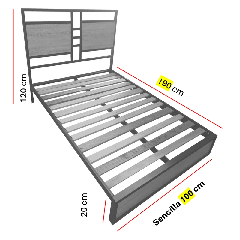 Cama Sencilla Metal Madera Amatista Café 100 x 190 x 24