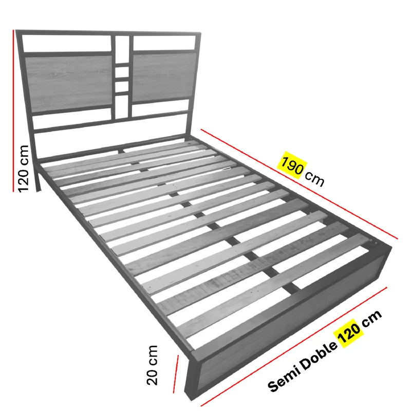 Cama Semidoble Metal Madera Amatista Gris Oscuro 120 x 190 x 24