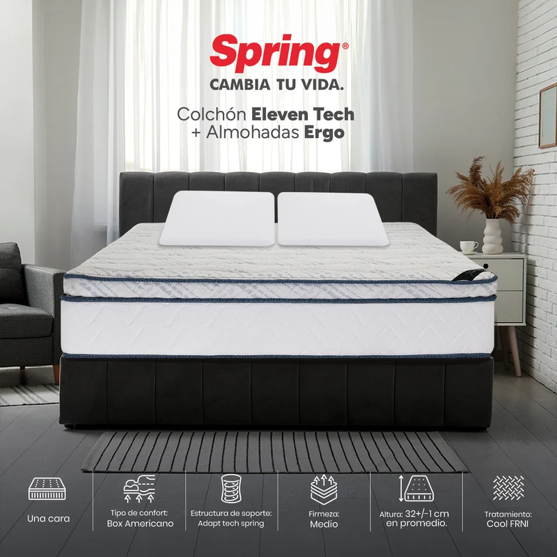 Colchón Spring Eleven Tech King 200X200 cm Gratis Almohadas Ergo