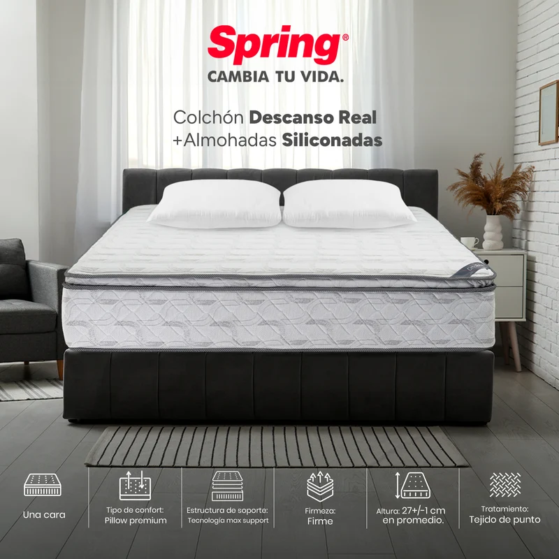 Colchón Spring Descanso Real Doble 140X190 cm + + Set Almohadas Siliconadas
