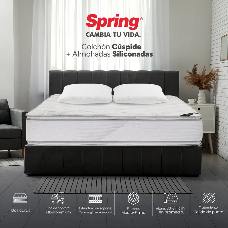 Combo Colchón Spring Cuspide-Queen 160X190 cm + Set Almohada Siliconada