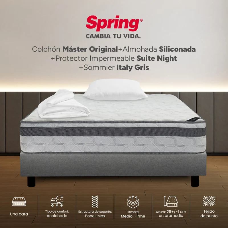 Combo Colchón Spring Master Original-100X190+Sommier Italy Gris +Set x 2 Almohadas Siliconadas + Protector