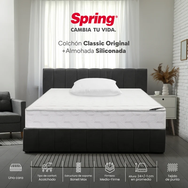Combo Colchón Spring Classic Original Semisencillo 90X190 cm + Set Almohada Siliconada