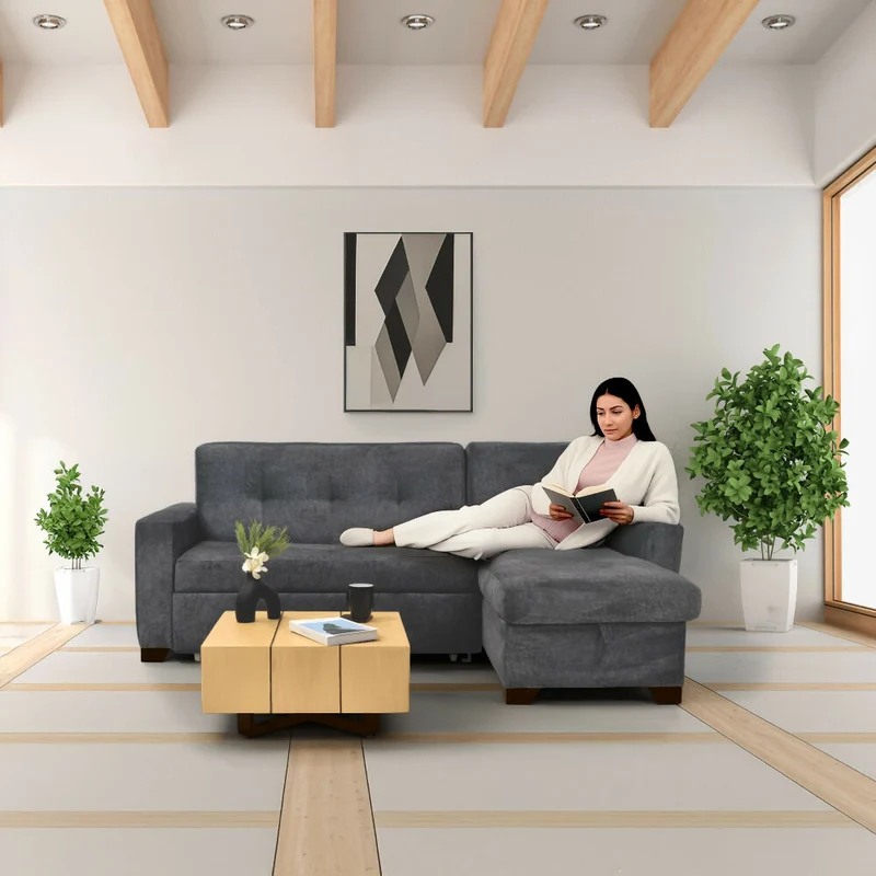 Sala en L con Baúl Atlas Reclinable Gris y Mesa de Centro Veracruz Miel