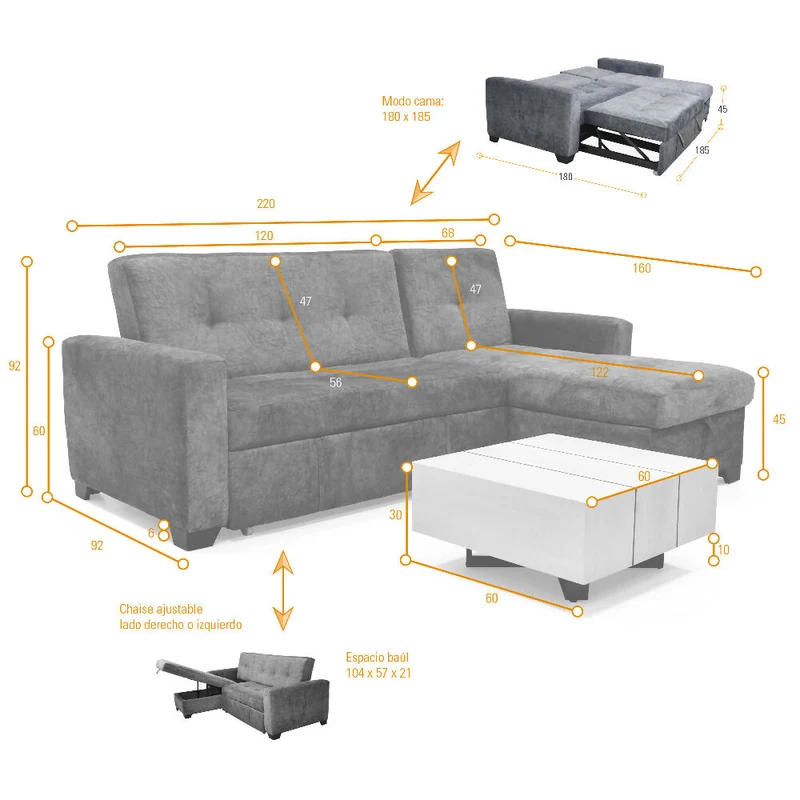 Sala en L con Baúl Atlas Reclinable Gris y Mesa de Centro Veracruz Miel