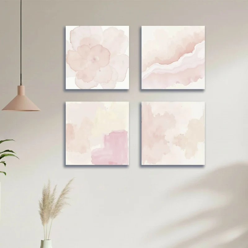 Lienzo Abstracto Minimalista en Acuarelas Rosa Set X4 de 34x34cm c/u