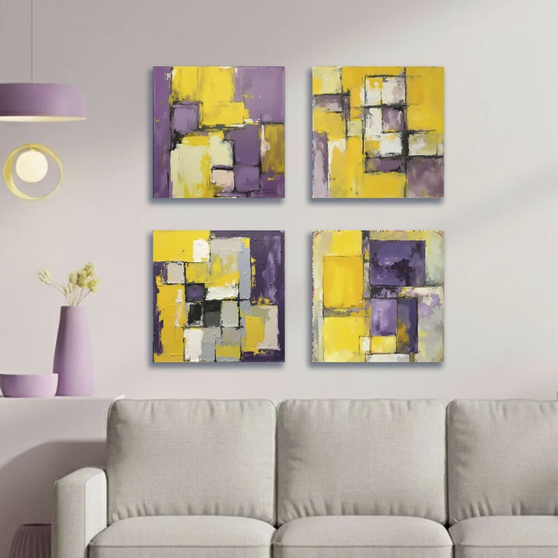 Lienzo Abstracto Contrastes Cálidos Set X4 de 34x34cm c/u
