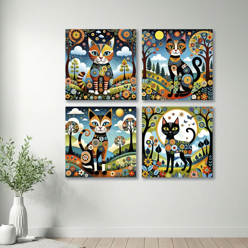 Lienzo Cuadros Jardín del Gato Set X4 de 34x34cm c/u