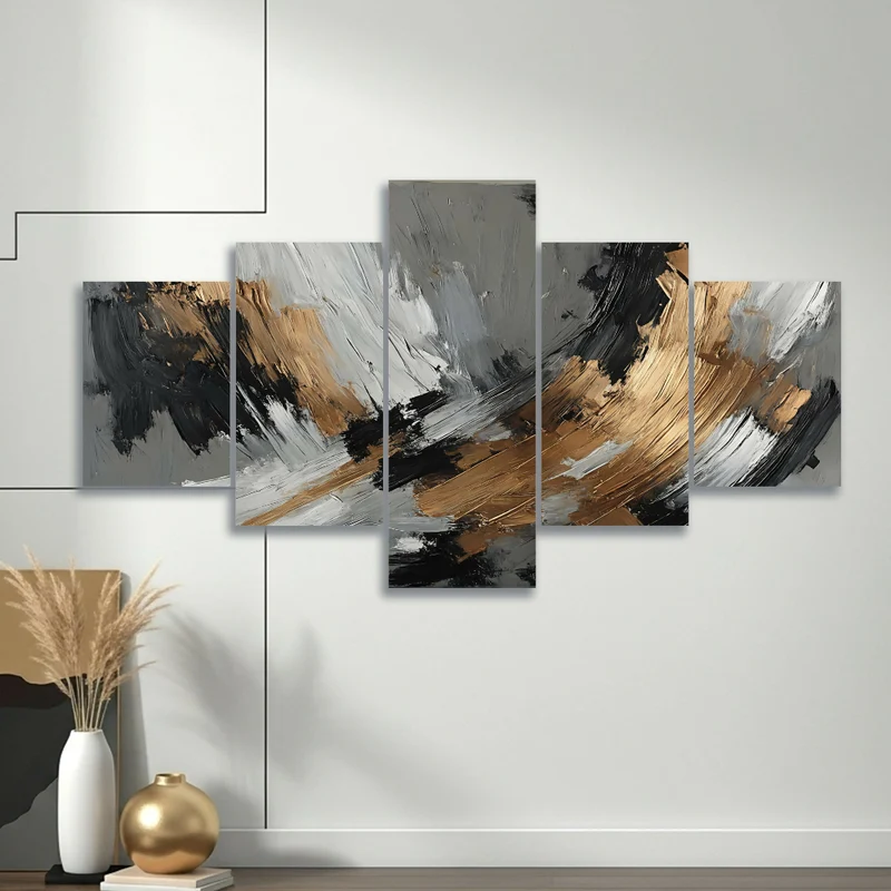 Lienzo Cuadro 5 Piezas Abstracto Metálico Tricolor 134x72cm