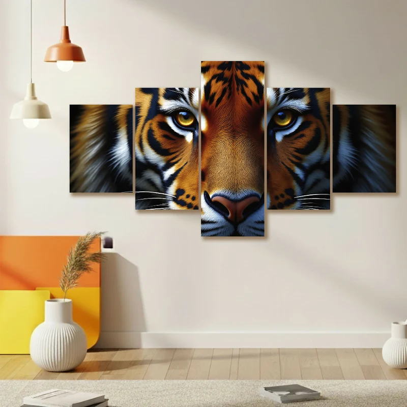 Lienzo Moderno Fuerza Salvaje Tigre 5 Piezas 134x72cm