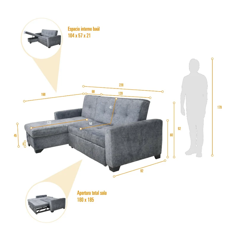 Sofá Cama en L Atlas 220x160x92 cm Derecho Taupe
