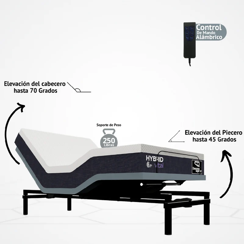 Cama Eléctrica Ajustable Easy Bed Control Alámbrico Gris Plomo /100x190 + Colchón Hybrid Vital