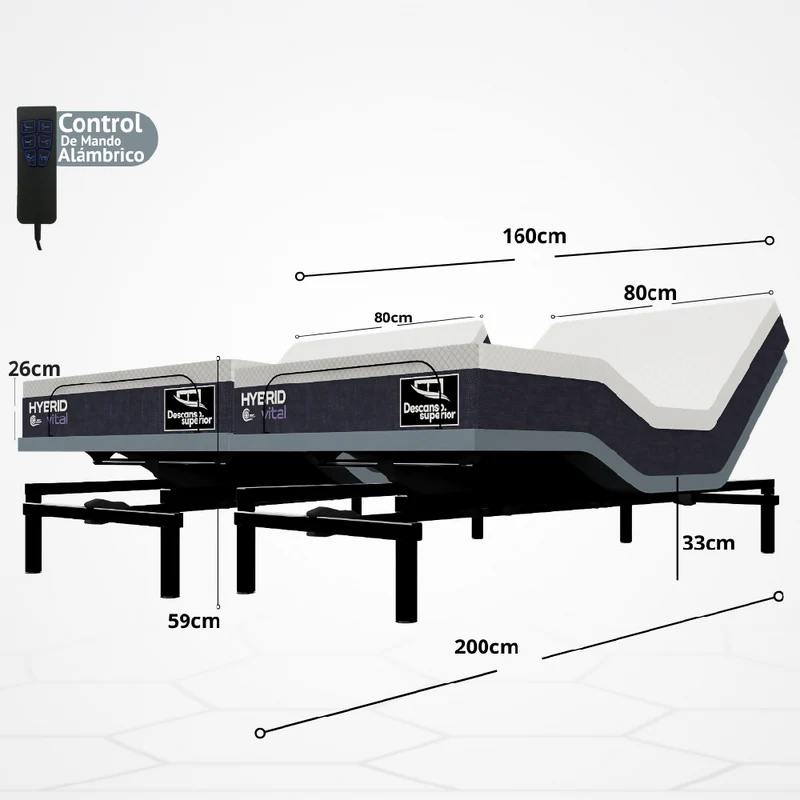 Cama Eléctrica Ajustable Easy Bed Control Alámbrico Gris Plomo /160x200 Dividida + Colchón Hybrid Vital