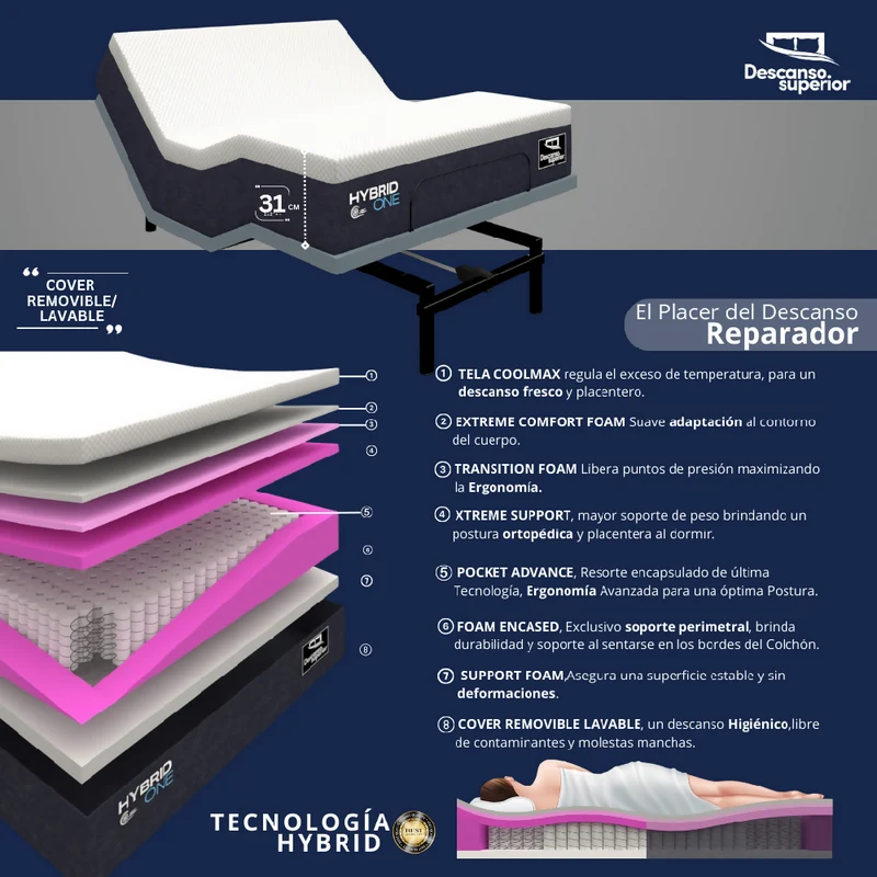Cama Eléctrica Ajustable Easy Bed Control Alámbrico Gris Plomo /80x190 + Colchón Hybrid One