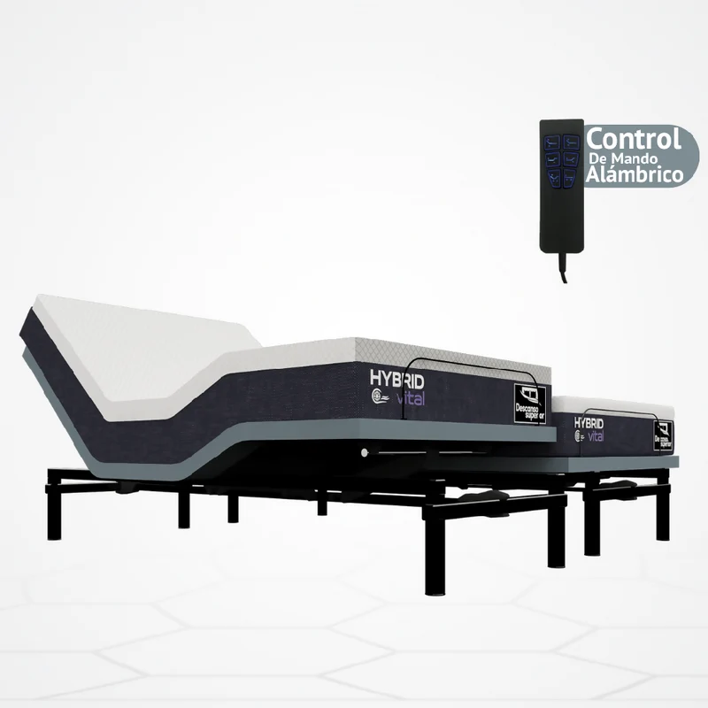 Cama Eléctrica Ajustable Easy Bed Control Alámbrico Gris Plomo /200x200 Dividida + Colchón Hybrid Vital