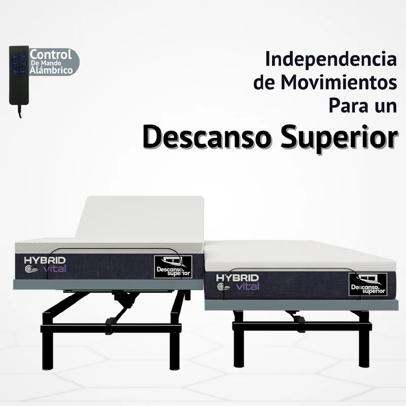 Cama Eléctrica Ajustable Easy Bed Control Alámbrico Gris Plomo /200x200 Dividida + Colchón Hybrid Vital