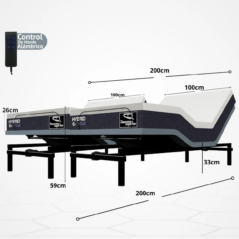 Cama Eléctrica Ajustable Easy Bed Control Alámbrico Gris Plomo /200x200 Dividida + Colchón Hybrid Vital