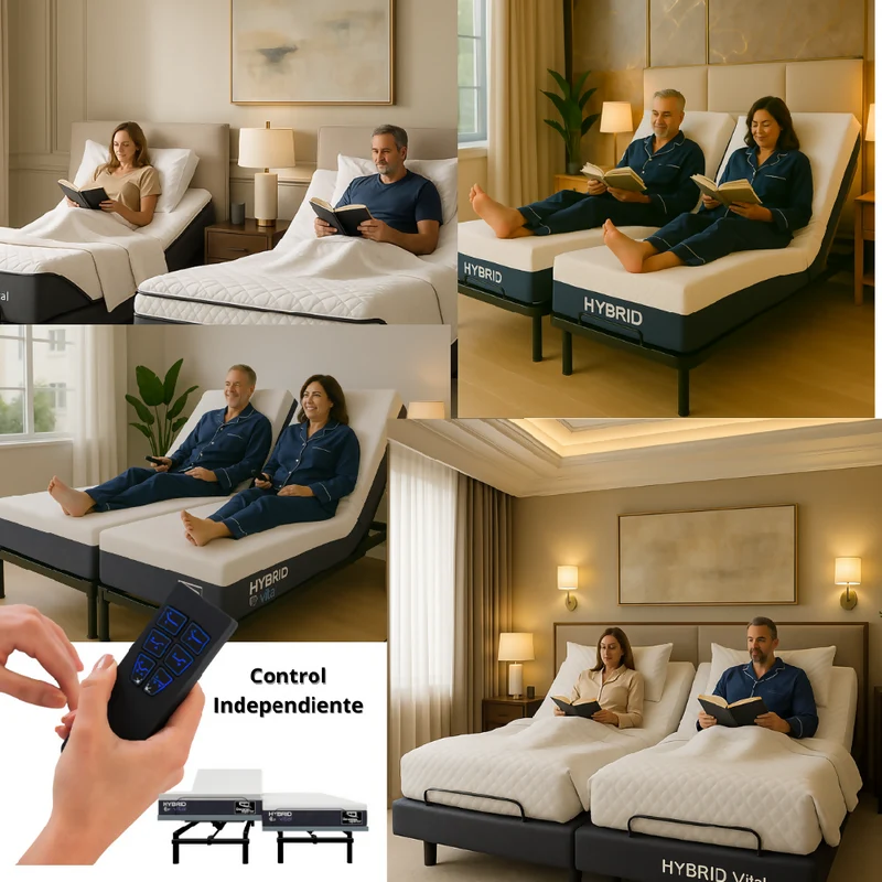 Cama Eléctrica Ajustable Easy Bed Control Alámbrico Gris Plomo /200x200 Dividida + Colchón Hybrid Vital